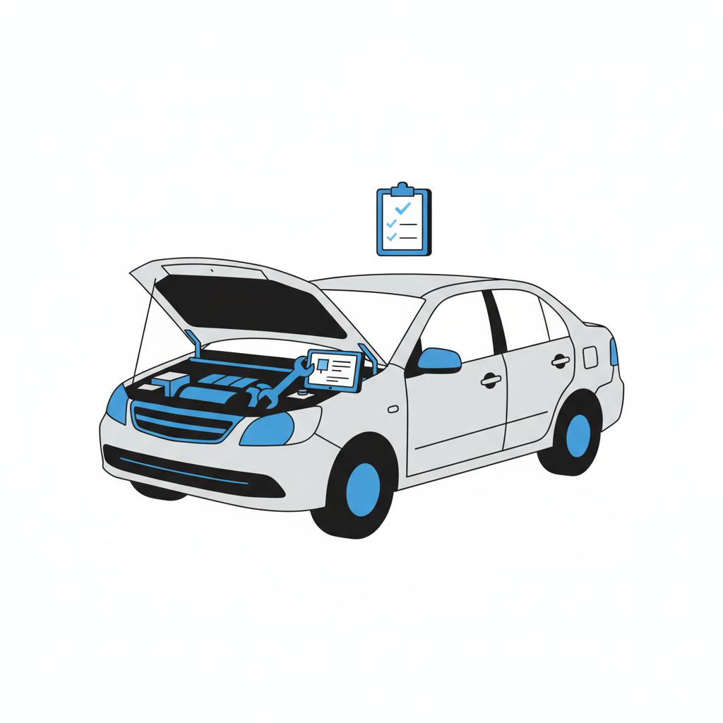 Minimalist 2D vector of a compact sedan with open hood and mechanic tools on the fender representing inspection for cars under 20k