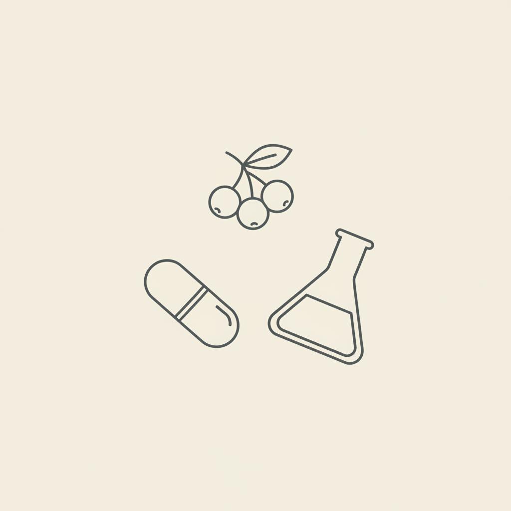Minimalist Tonum-style line illustration of berries, a capsule, and a lab beaker on a beige background — does vitamin B12 stop sugar cravings