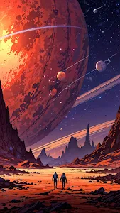 Astronauts on Alien Planet Under Giant Red Moon