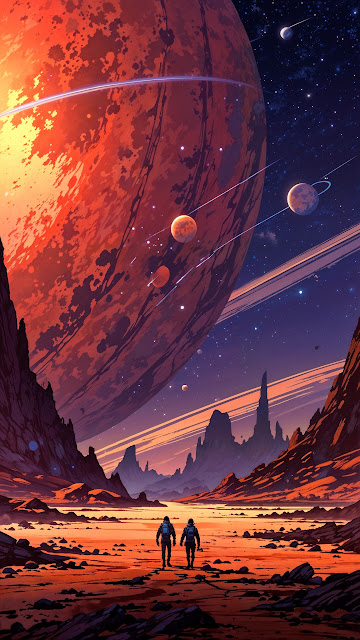 Astronauts on Alien Planet Under Giant Red Moon - Free mobile Wallpaper