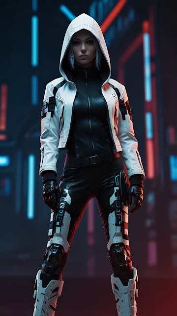 Cyberpunk Woman White Hooded Jacket Sci Fi Armor Neon - Free mobile Wallpaper