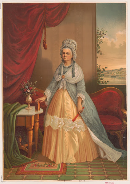 Portrait of woman holding fan and book standing in front of couch 1876