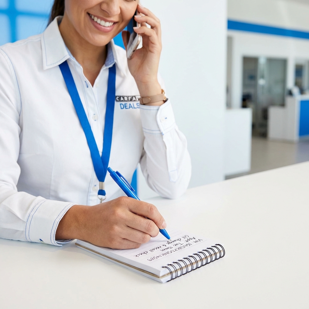 Service advisor on phone at gmc car dealer near me desk with notepad showing handwritten VIN and appointment notes on a clean white background