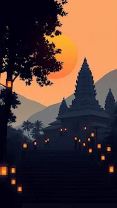 Tropical Temple Silhouette at Sunset with Glowing Lanterns