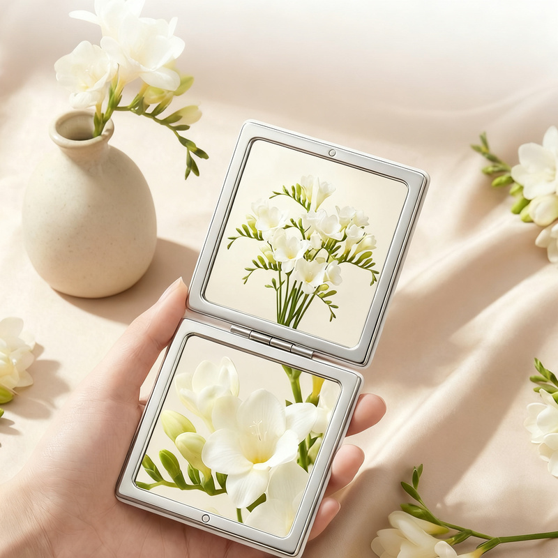 Foldable cosmetic mirror, double-sided