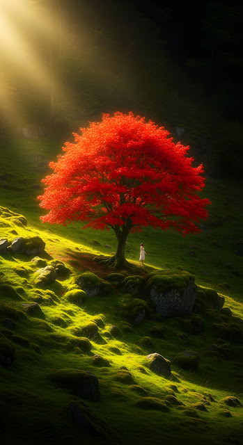 Magical Cinematic Landscape of a Solitary Red Tree on a Green Hillside Bathed in Golden Sunlight - Free mobile Wallpaper