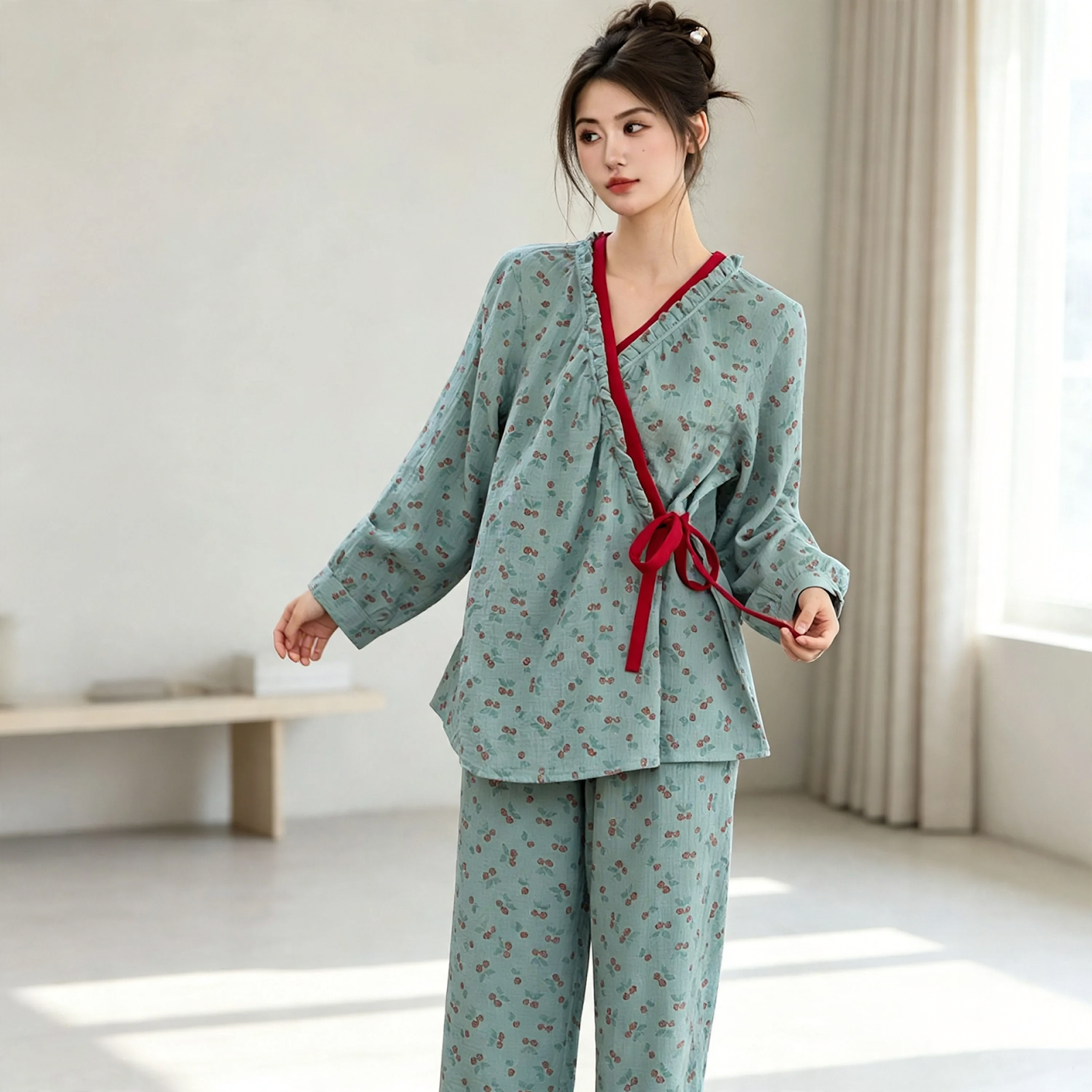 Damen-Pyjama-Set im Kimono-Stil mit Blumenmuster