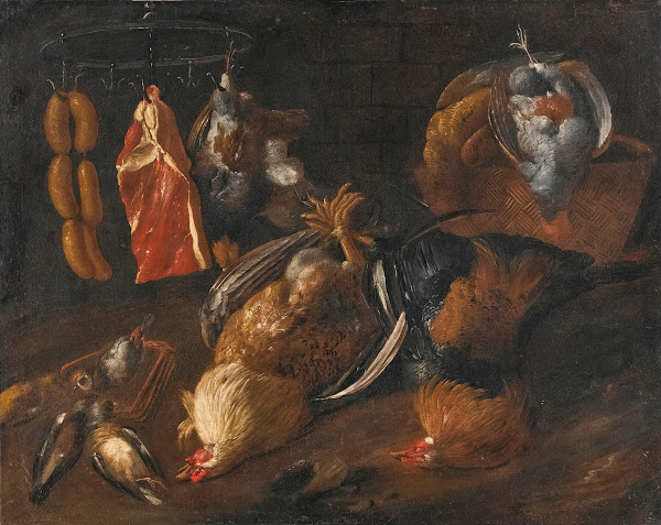 AStill Life With Game And Meats Hanging On A Rail With Other Birds In A Basket A
