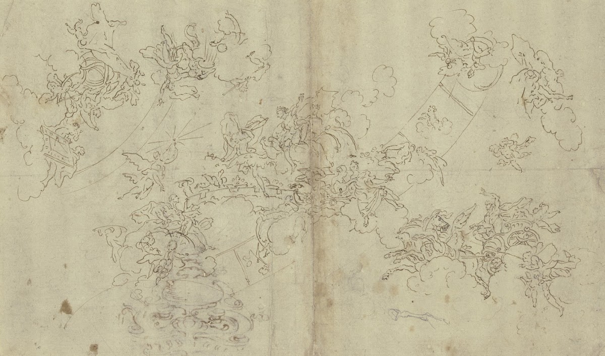 Tierkreis mit Jupiter und Merkur vor denen ein Fürst sitzt rechts unten Phoebus
