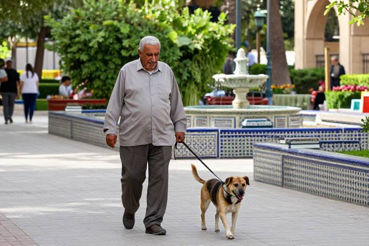 رجل عربي مسن يمشي مع كلبه في حديقة