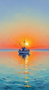 Impasto Oil Painting Fishing Boat Sunset Ocean View