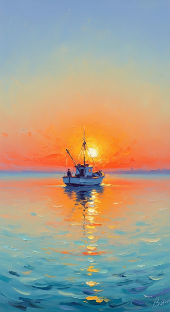Impasto Oil Painting Fishing Boat Sunset Ocean View - Free mobile Wallpaper