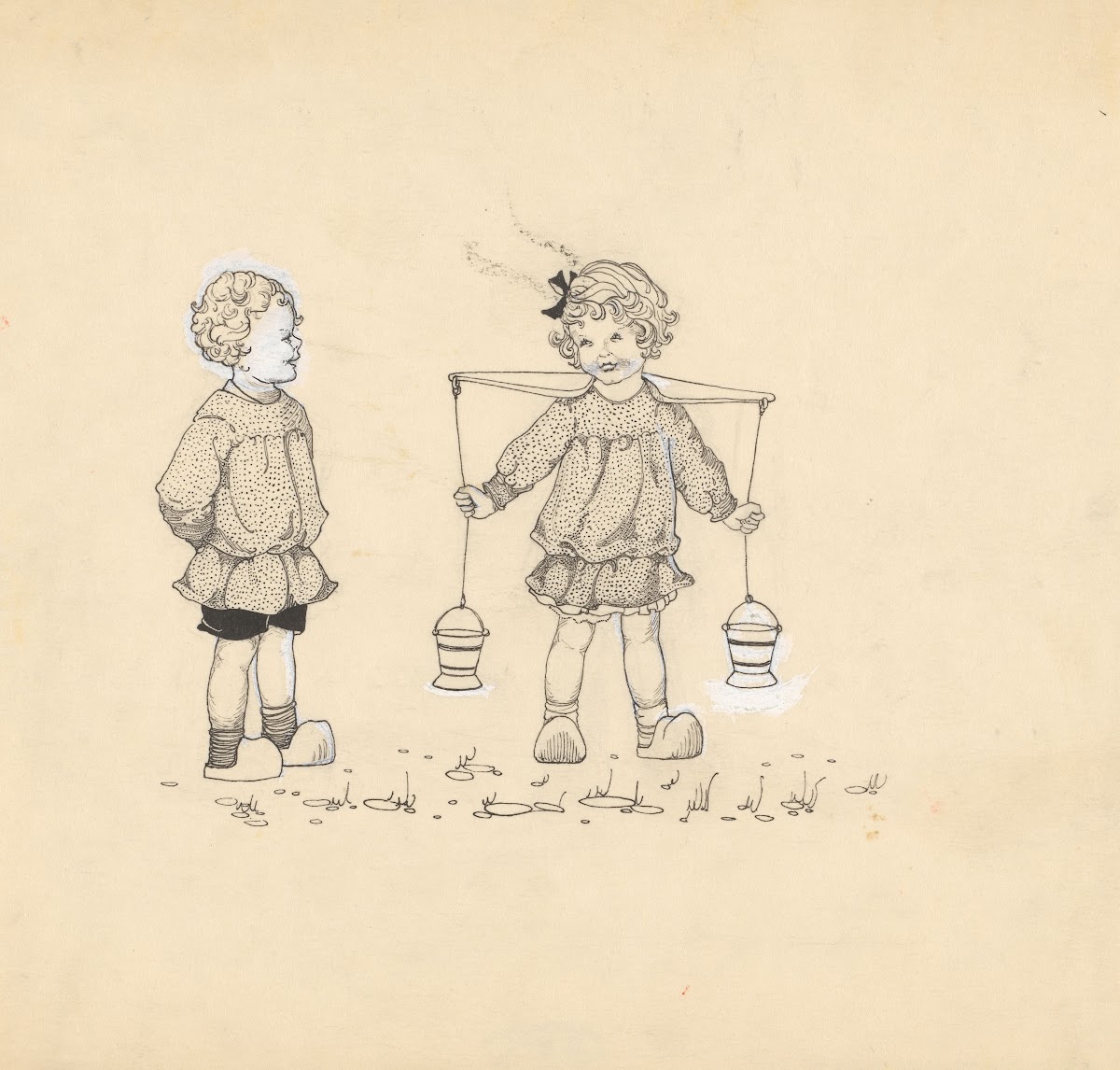 Meisje met een juk met twee emmers 1890 1930