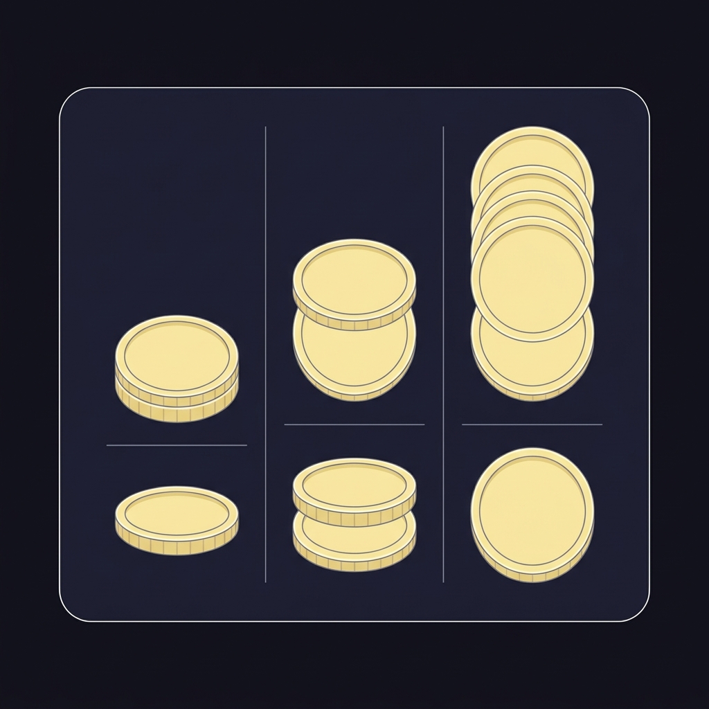Minimalist 2D vector mini table showing stakes 10 50 100 with proportional coin stack visuals representing profits and total payouts at american odds to probability +200 on a dark brand background