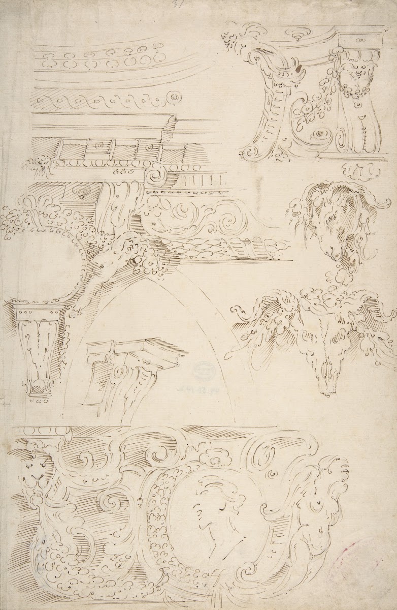 Sketches of Sculptured Decoration Entablatures and a Frieze with Human Animal an