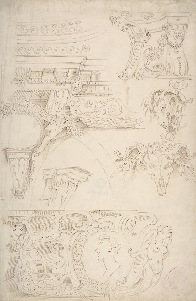 Sketches of Sculptured Decoration Entablatures and a Frieze with Human Animal an