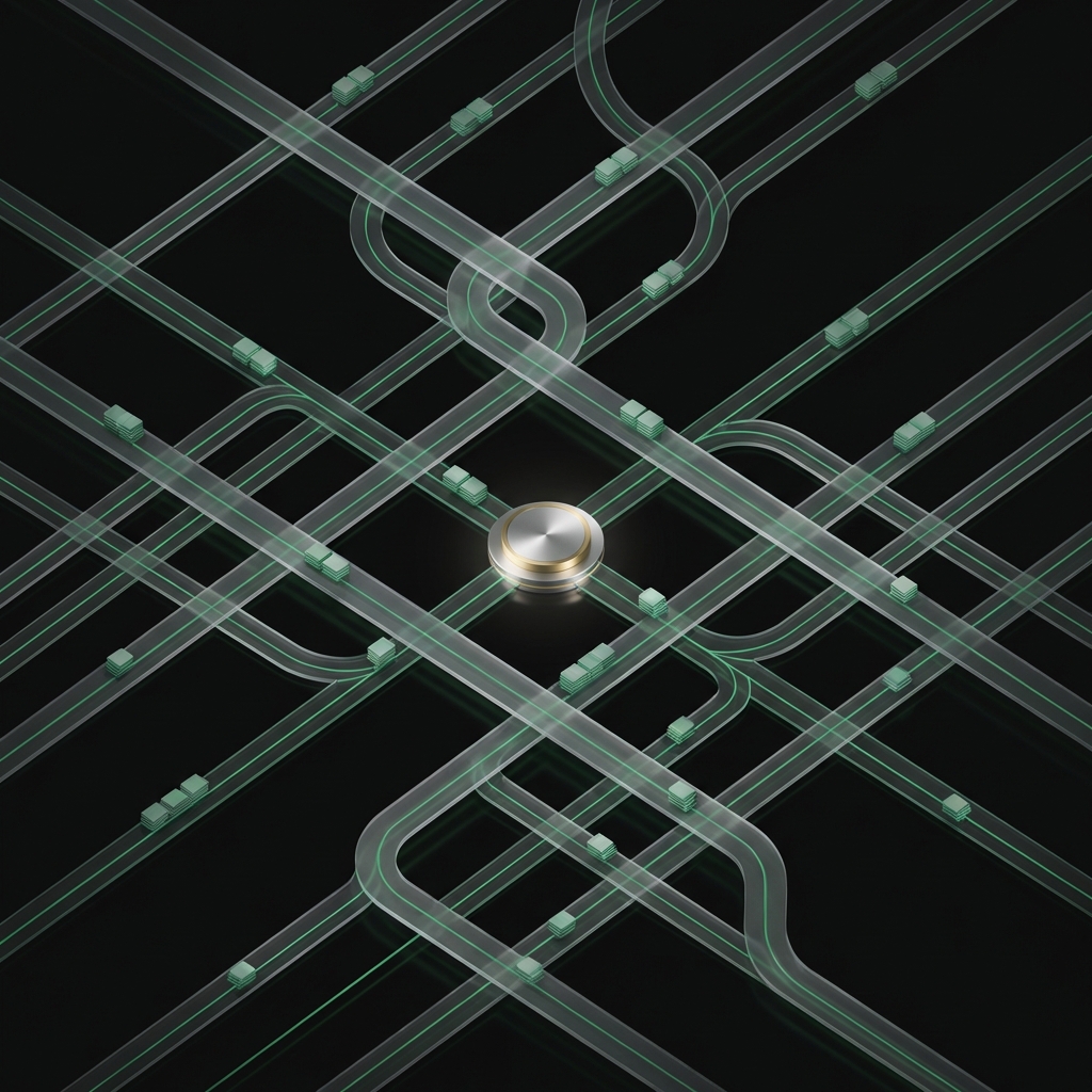 Minimalist full frame layer 2 network map with transaction blocks flowing to an Ethereum settlement hub in Finance Police colors highlighting most promising crypto