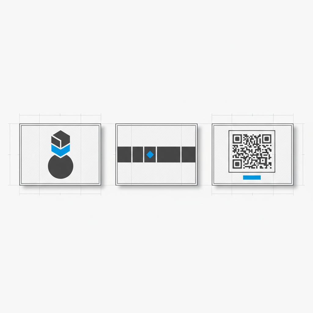 Minimal 2D vector composition of three coroplast jobsite sign mockups showing a stacked emblem, a horizontal mark placeholder, and a non-scannable QR-code layout &mdash; How do I brand my construction company?
