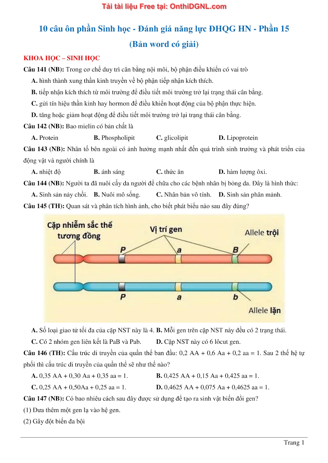 150 bài tập môn Sinh học - Ôn thi ĐGNL ĐHQG HN Phần 15