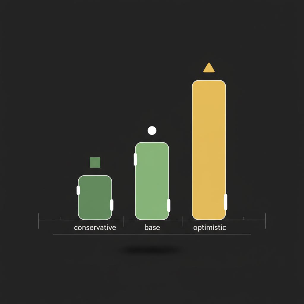 Minimalist 2D vector of three scenario bars conservative base optimistic illustrating how to start a mutual fund on dark background