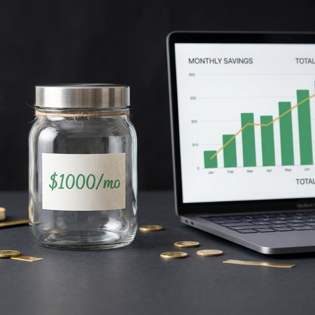Close up of a savings jar labeled invest to make $1000 a month next to a laptop displaying simple charts on a dark brand background with green and gold accents