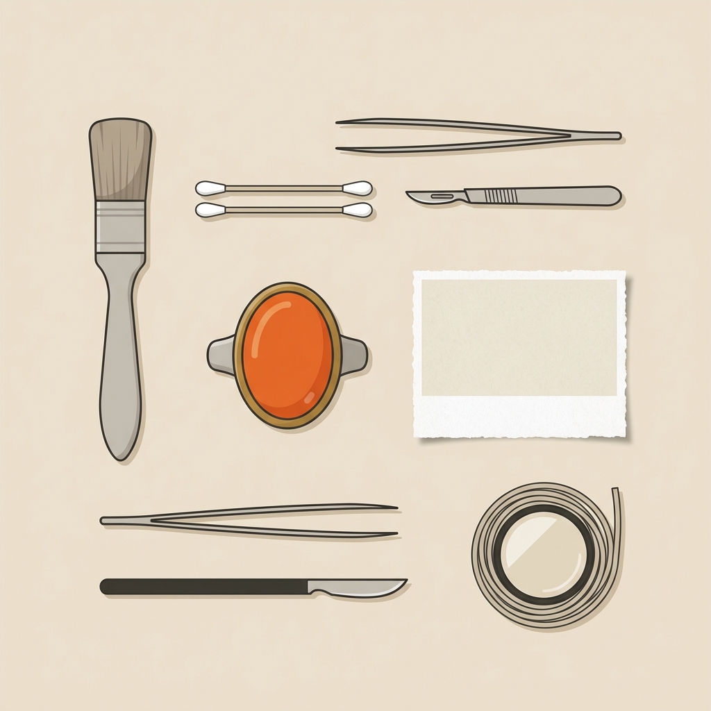 Minimalist vector flat lay of a carnelian cabochon ring with conservation tools and a blank restoration photo note on beige Aurora Antiqua background
