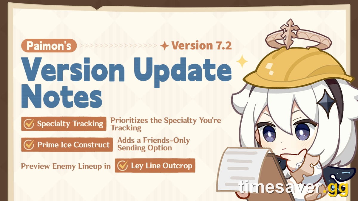 Official Genshin Impact Paimon's Version 7.2 Update Notes header listing Specialty Tracking, Prime Ice Construct friends-only sending and Ley Line Outcrop enemy preview
