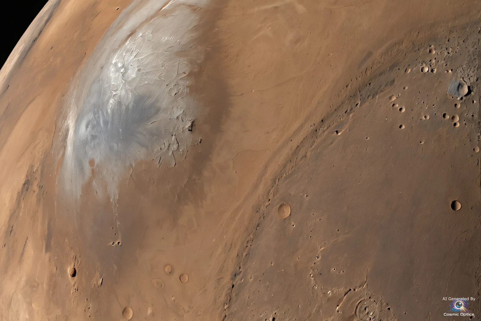 An authentic, photorealistic astronomical photograph of the planet Mars in deep space. A highly deta_00031