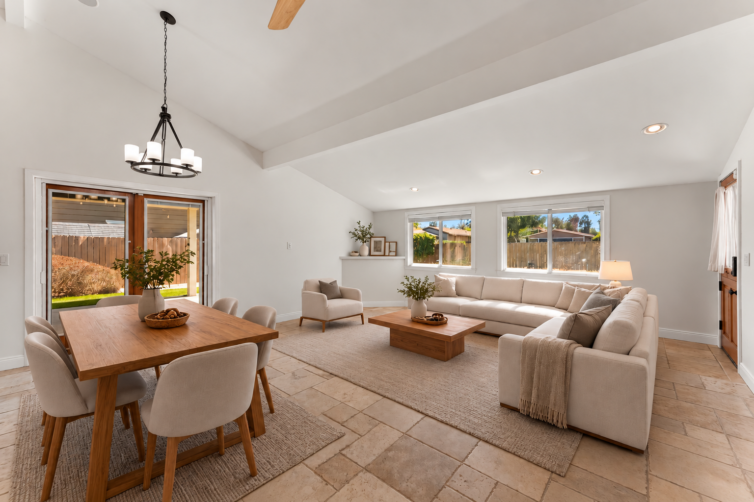 Living room with vaulted ceilings