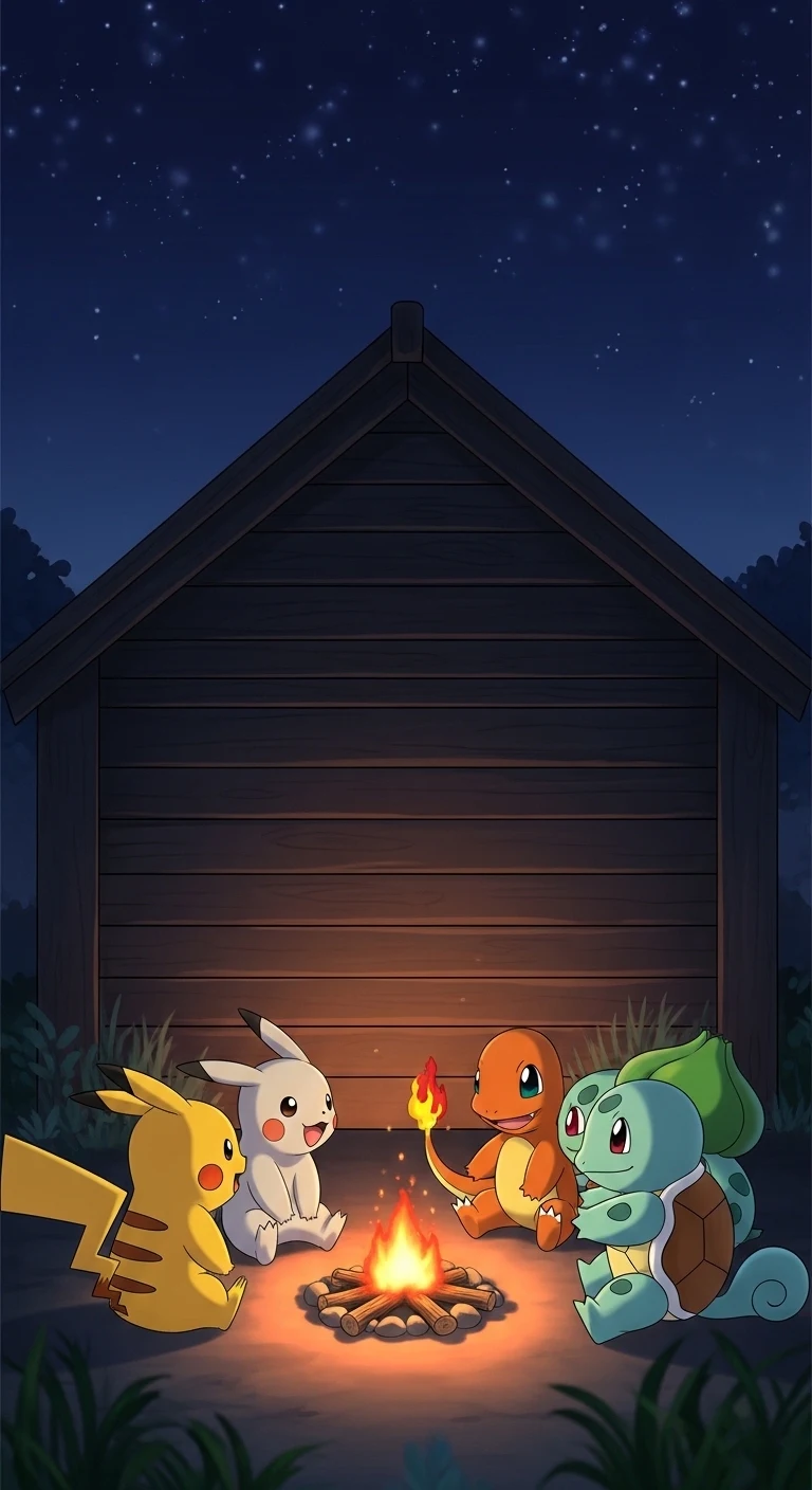 Cute Anime Creatures Sitting Around a Warm Night Fire - Free 4K mobile Wallpaper
