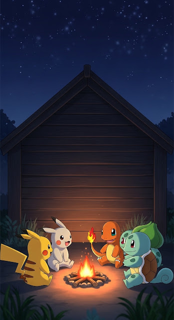 Cute Anime Creatures Sitting Around a Warm Night Fire - Free mobile Wallpaper