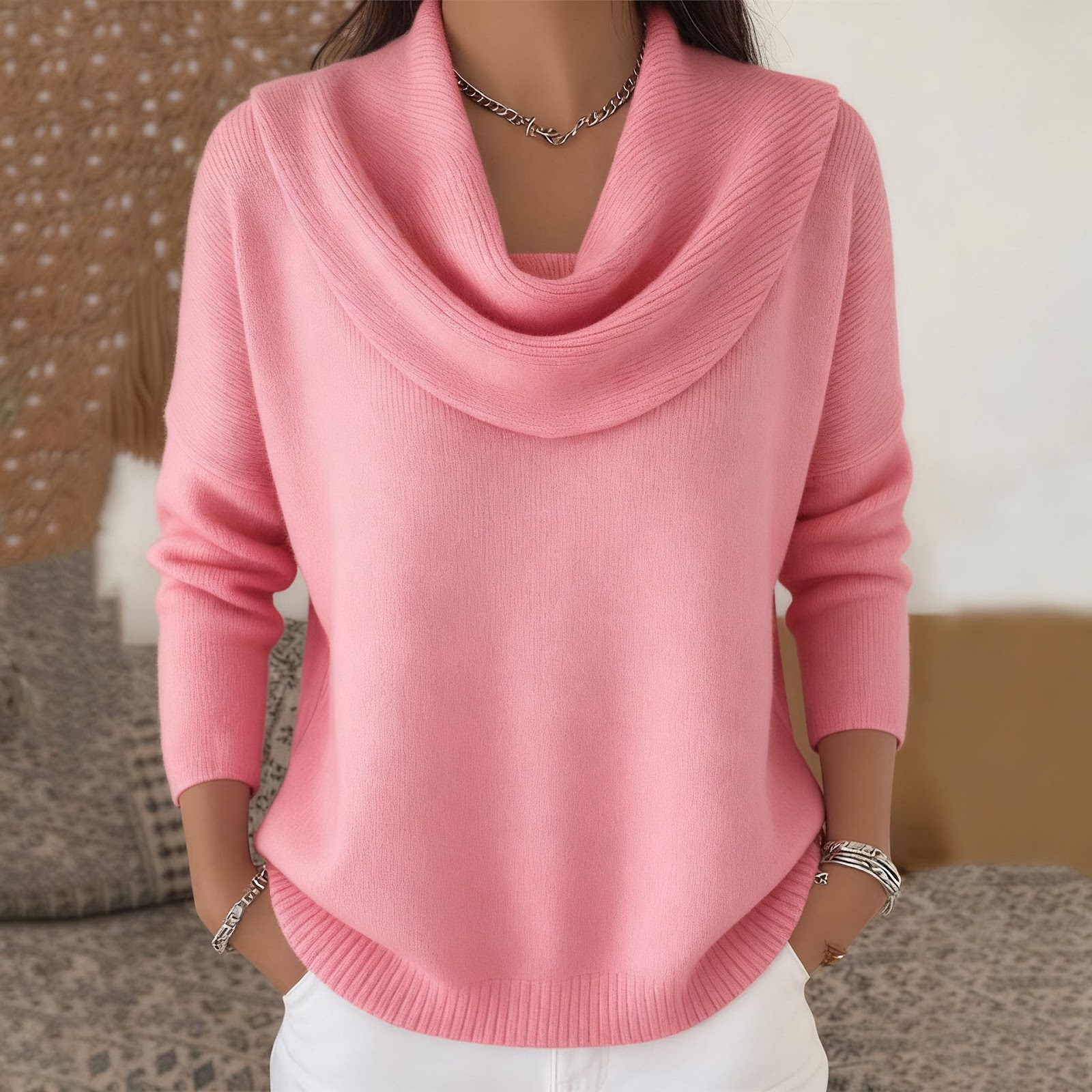 Loose sweater with wide collar, solid color