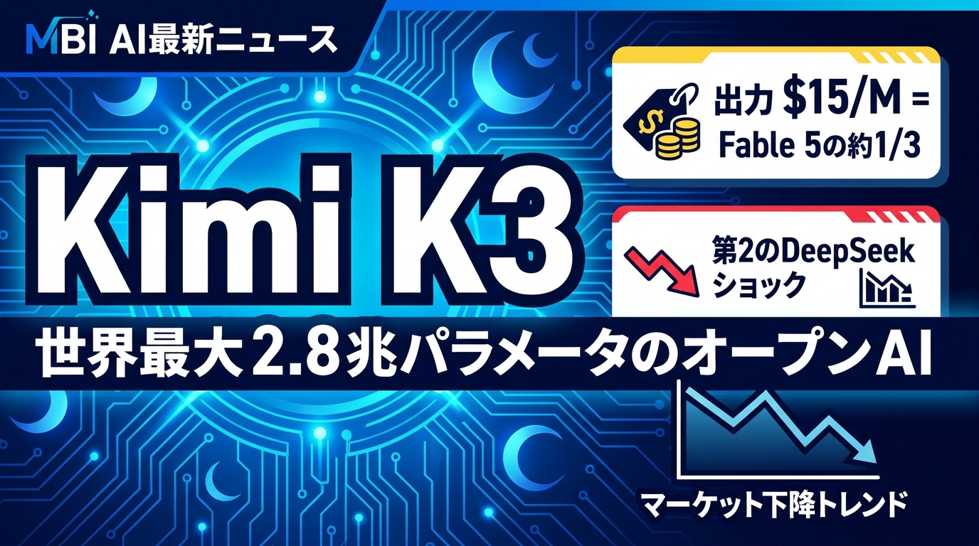 Moonshot AI「Kimi K3」公開 — 世界最大2.8兆パラメータのオープンAIがFable 5に匹敵・価格1/3、第2の"DeepSeekショック"でTSMC▲7%・Nvidia一時首位陥落