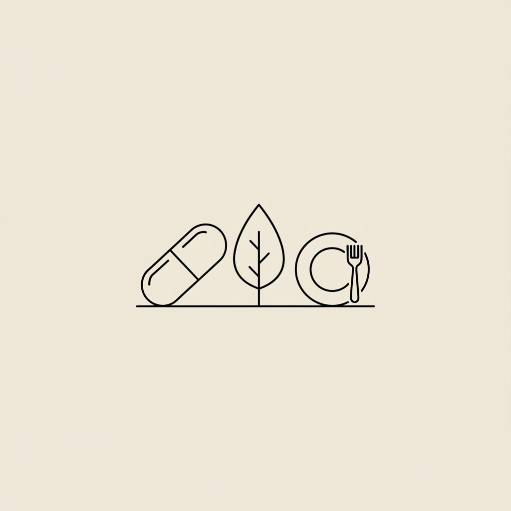 Minimal Tonum-style vector line illustration of a capsule, leaf, and small plate with fork on beige background evoking what amino acid breaks down fat