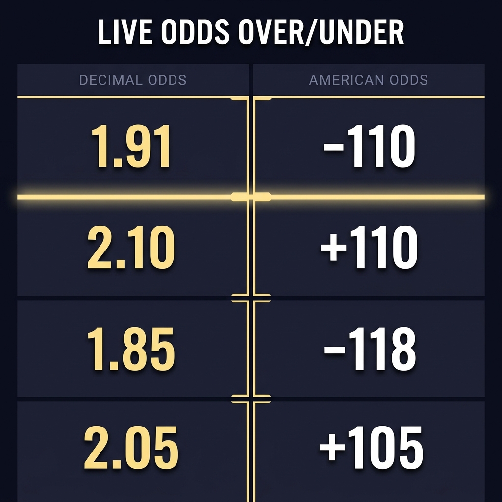 Close up scoreboard graphic showing an over under line with decimal odds and American odds side by side in Funded Plays brand colors What Are Player Prop Markets