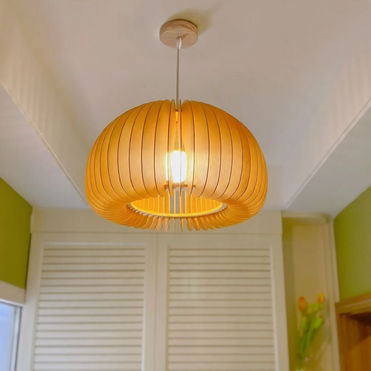 Wood Pendant Lamp with LED, Height Adjustable