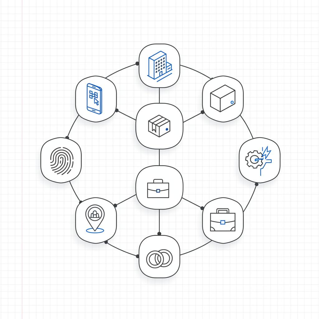 Isometric 2D vector network of interconnected icons representing the 8 types of branding on a minimalist white page, using #39383f lines with subtle #1a5bfb accents.