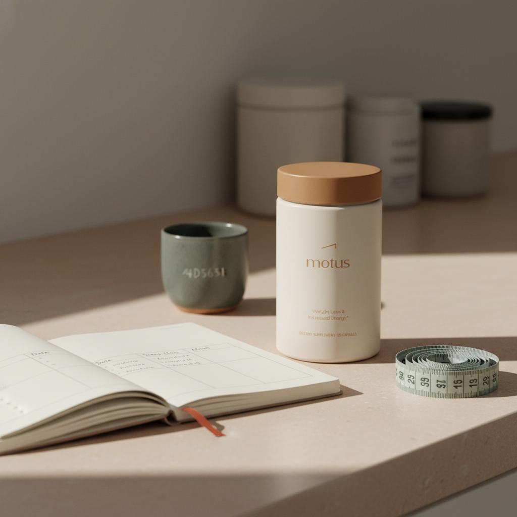 Tonum Motus container on a tidy kitchen counter beside a sleep-log notebook and tape measure, illustrating daily tracking and asking what supplement helps with cortisol weight gain?