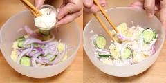 Cho dưa leo và hành tây vào tô đựng khoai tây, thêm mayonnaise và đường vào trộn đều lần nữa. Lúc này bạn nêm nếm nếu thấy nhạt thì có thể thêm muối nhé!