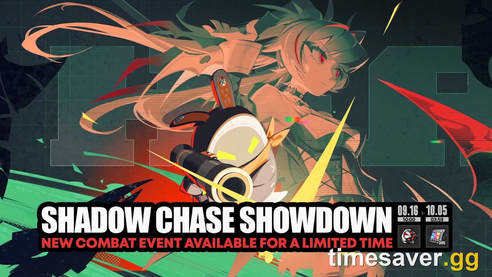 Official Zenless Zone Zero Shadow Chase Showdown event banner listing the combat event window as 09.16 10:00 to 10.05 03:59