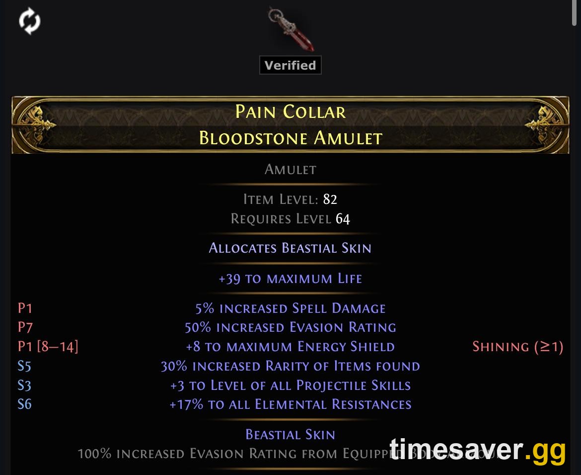 A Path of Exile 2 rare amulet with its modifiers split into prefixes (P) and suffixes (S) — note the low-level Increased Rarity of Items found roll, a prime Omen of Whittling target
