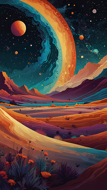Psychedelic Cosmic Desert Landscape Rainbow Ring Art - Free mobile Wallpaper