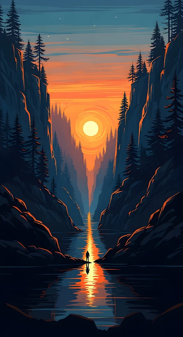 Canyon Gorge Sunset Reflection Solitude Illustration