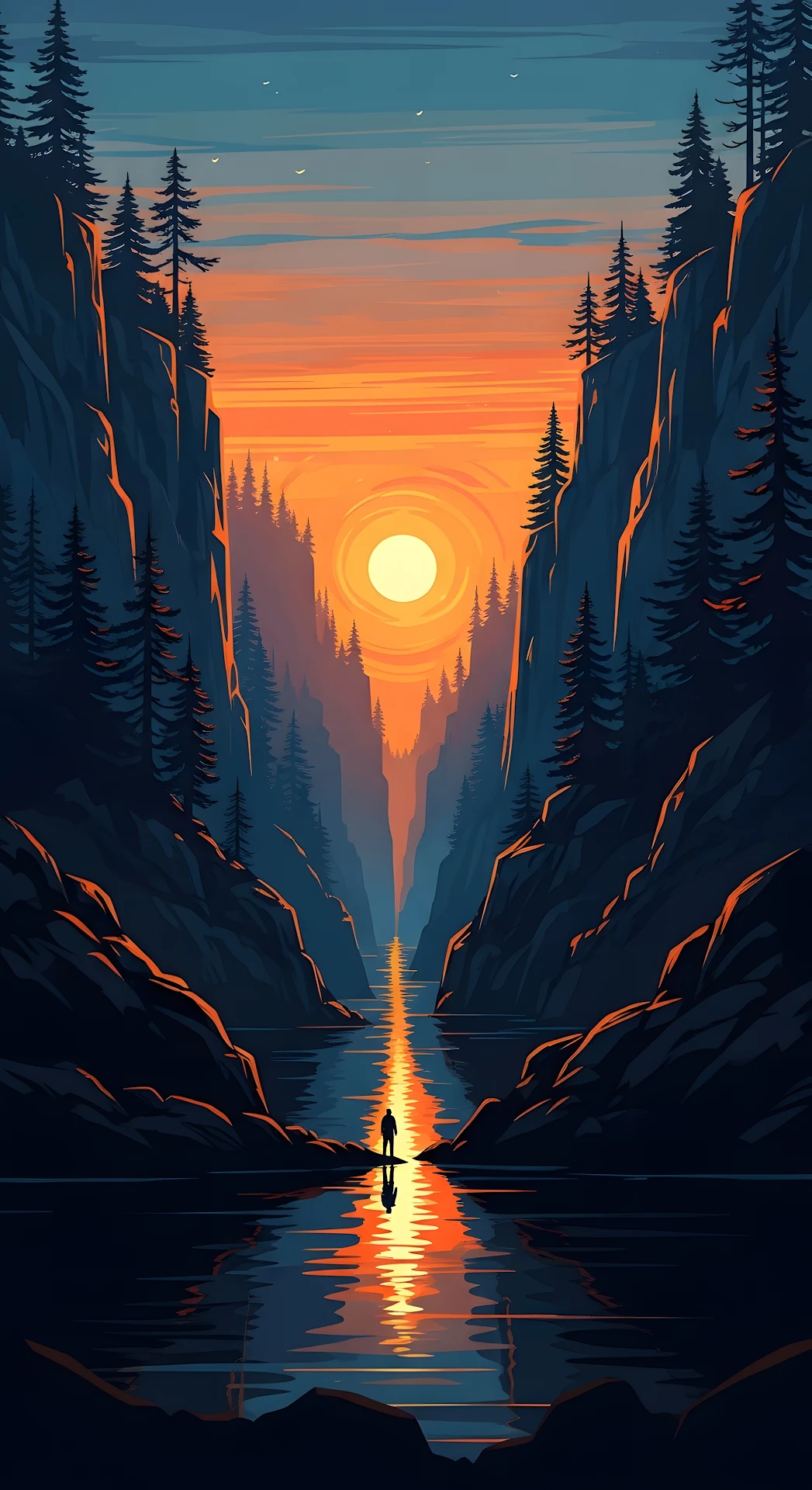 Canyon Gorge Sunset Reflection Solitude Illustration - Free 4K mobile Wallpaper