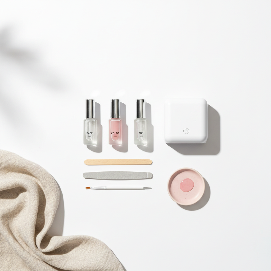 Flatlay des geöffneten GellyNails Starter Kit mit Base, Color, Top, Mini-UV-Lampe und Accessoires auf weißem Hintergrund, zartes Rosa- und Beige-Akzente.