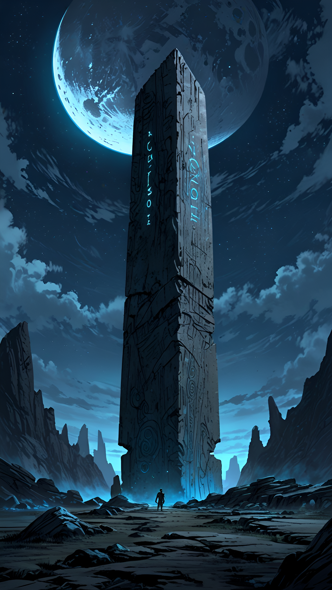 Mysterious Monolith Under Giant Moon in Alien Landscape - Free 4K mobile Wallpaper