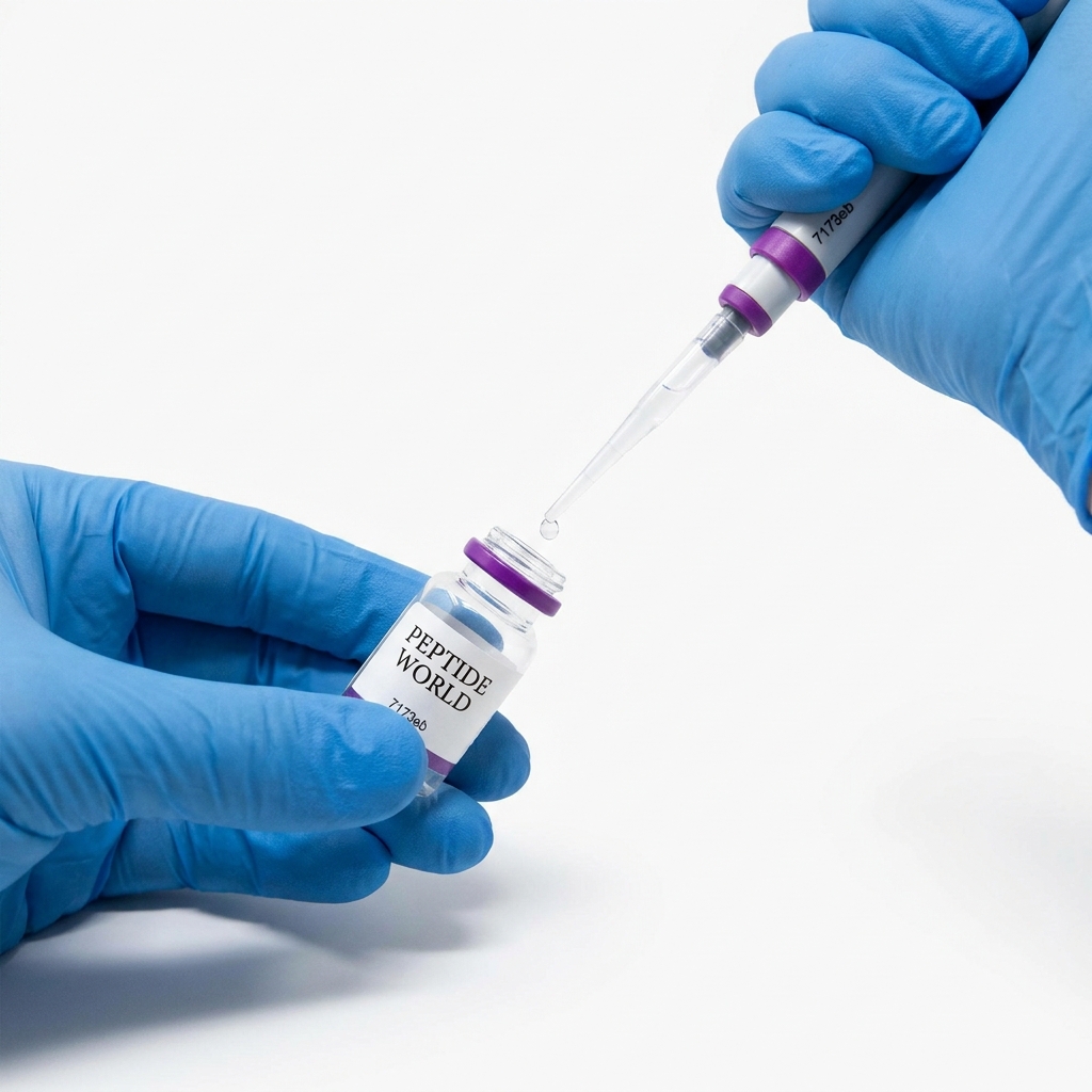Close up of researcher hands in blue nitrile gloves holding a labeled vial and precision pipette showing careful technique for peptides testing on a clean white background with subtle purple brand accents