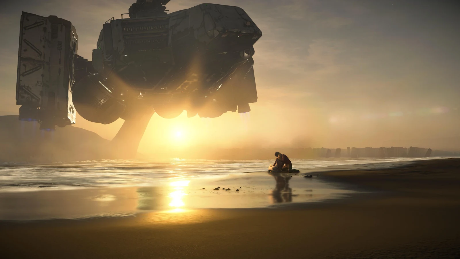 Spaceship Hovering Over Sunset Beach - Sci-Fi Concept Art 4K Wallpaper (3840x2160)