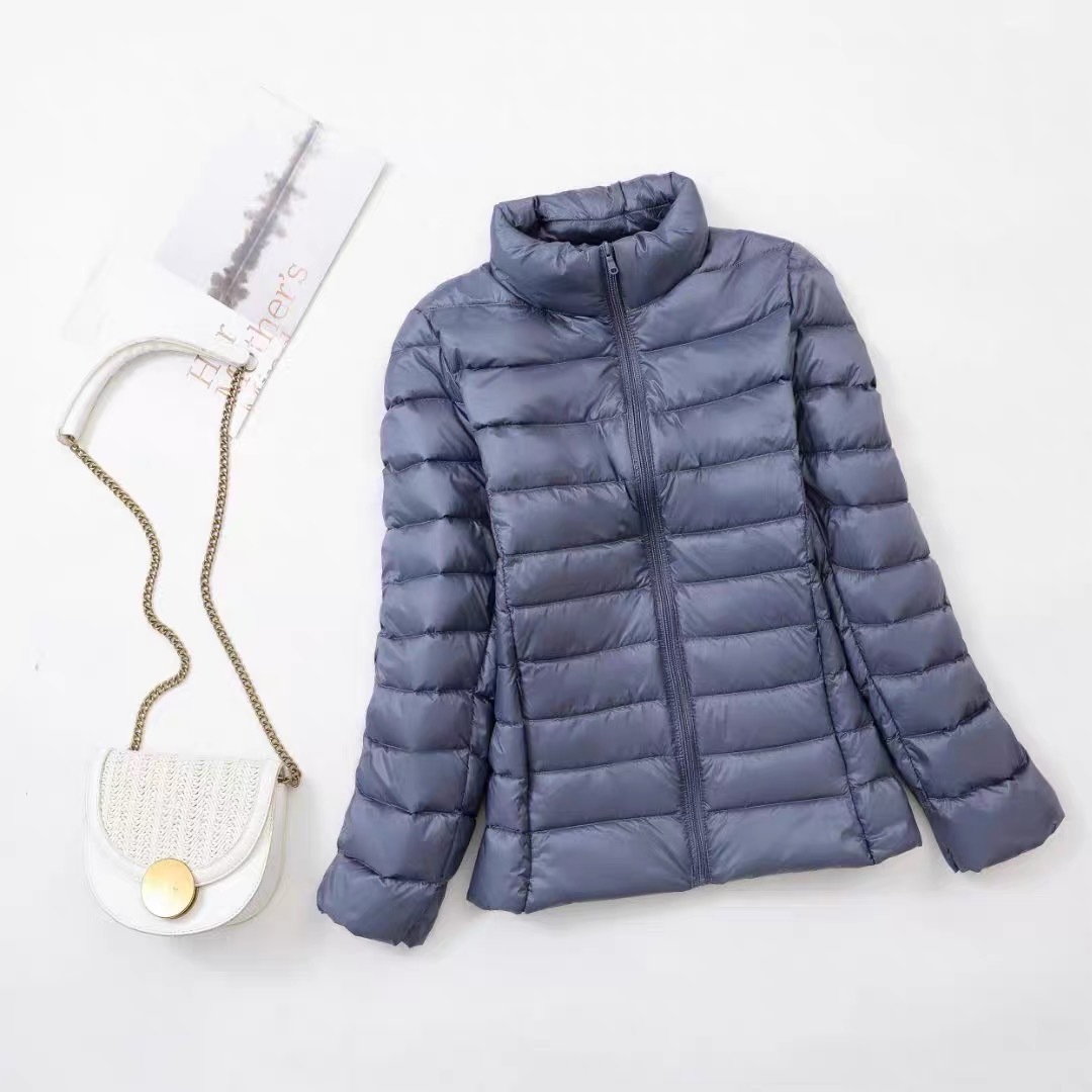 Lightweight women's down jacket with stand-up collar, white duck down