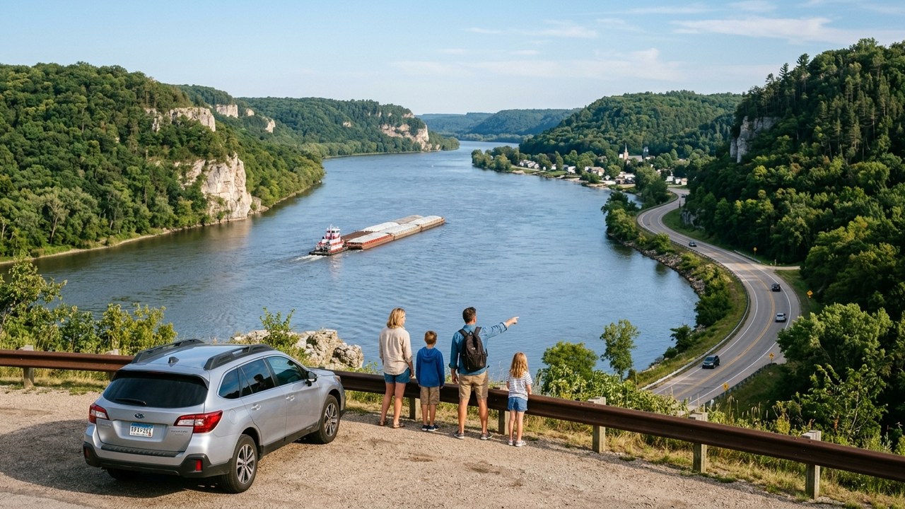 Great River Road winding past Mississippi River bluffs and floodplains